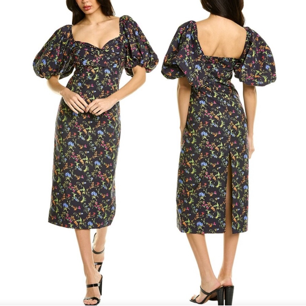 NWT Caroline Constas Bridget Black Tropical Floral Puff Sleeve Midi Dress Small